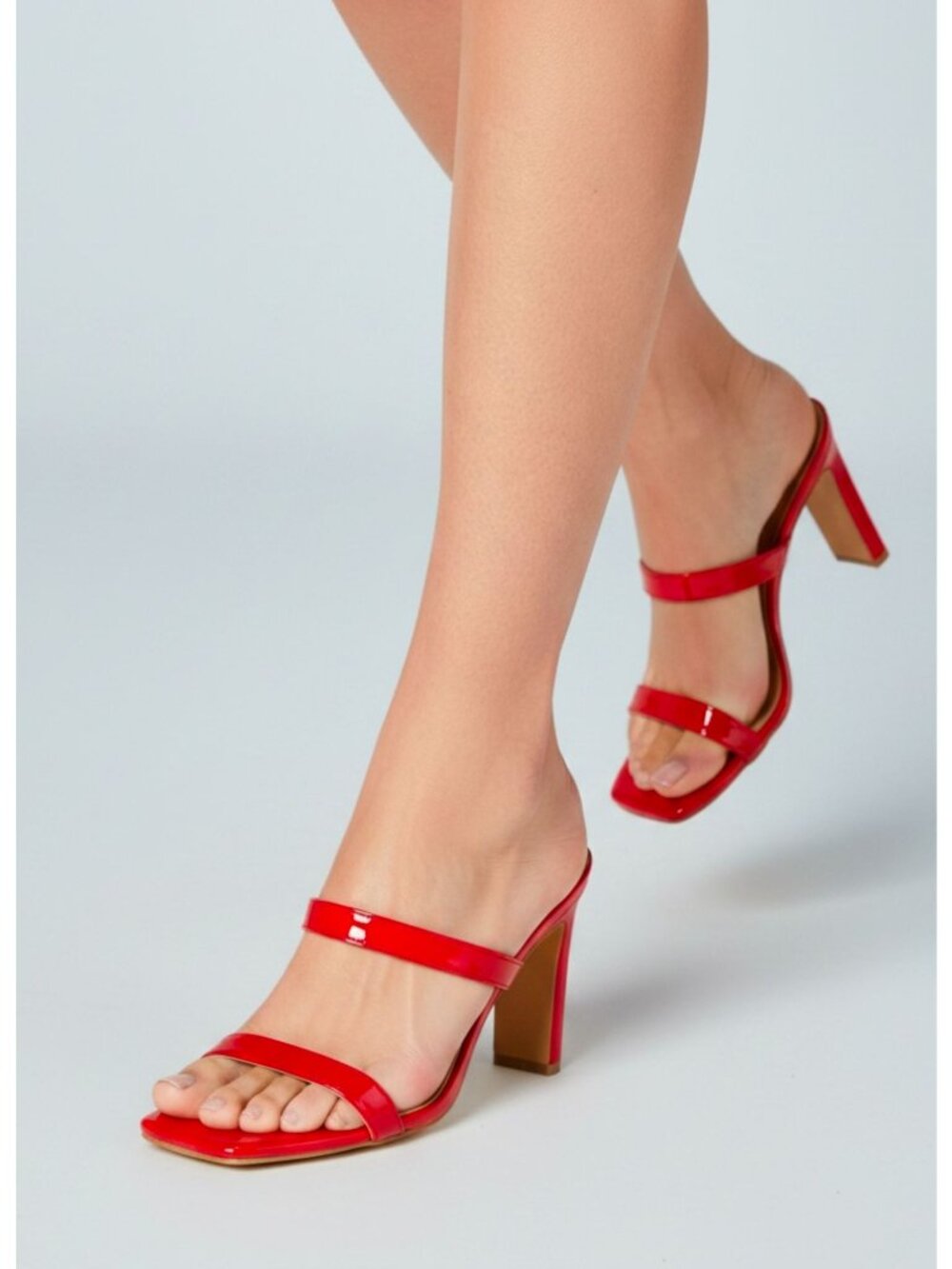 Red Patent Leather High Heel Sandals With Double Straps & Square Toe Design For